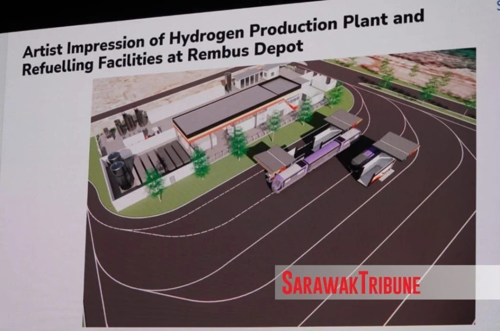 Artist’s impression of the hydrogen production plant and refuelling facilities at the Rembus Depot.